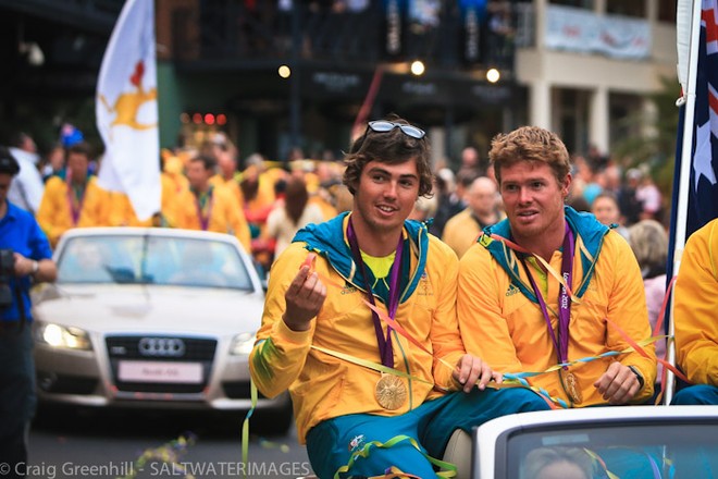 Gold medalist Iain Jensen and Tom Slingsby during the street parade to welcom the Olympic Sailing team - Audi Hamilton Island Race Week 2012 © Craig Greenhill / Saltwater Images http://www.saltwaterimages.com.au